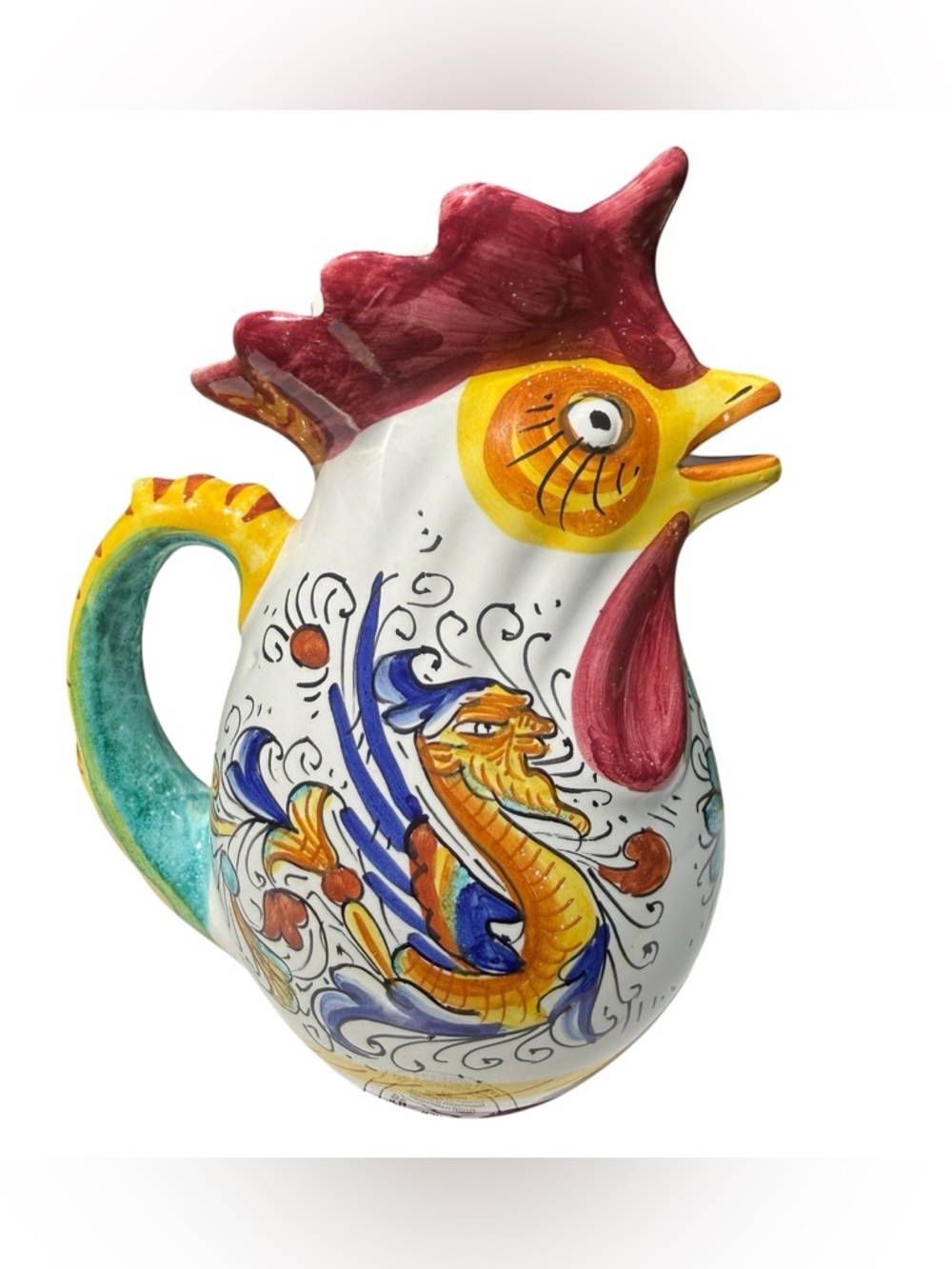 Vintage Made in Italy Hand Painted Rooster Ceramic Pitcher Vase Majolica Style